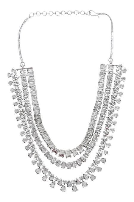 Buy_Auraa Trends_Silver Plated Imitation Diamonds Layered Necklace Set With Faux 