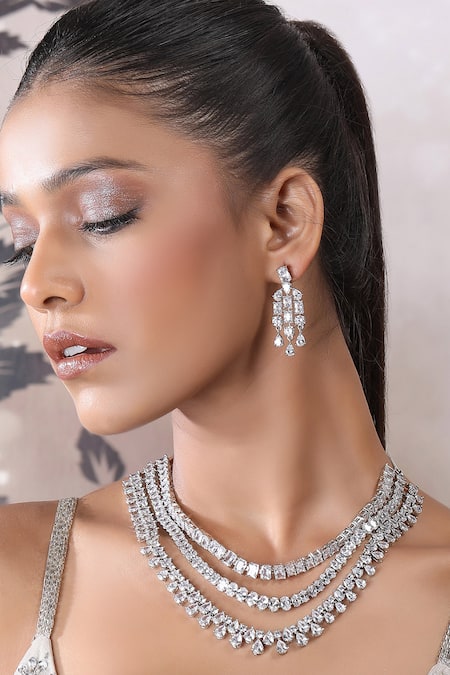 Shop_Auraa Trends_Silver Plated Imitation Diamonds Layered Necklace Set With Faux 