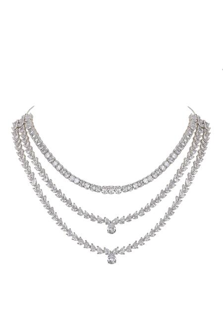 Auraa Trends_Silver Plated Fabric Flowers Faux Diamond Necklace Set _Online_at_Aza_Fashions