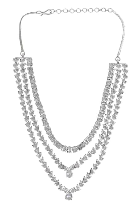 Shop_Auraa Trends_Silver Plated Fabric Flowers Faux Diamond Necklace Set _Online_at_Aza_Fashions