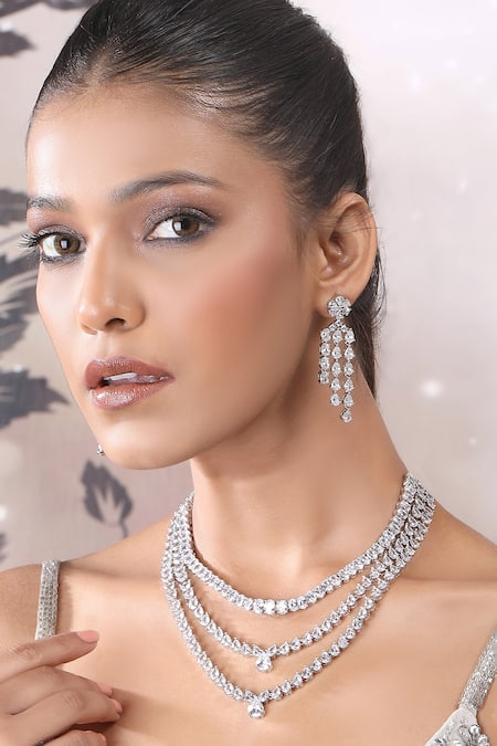Auraa Trends Silver Faux Diamond Necklace Set 
