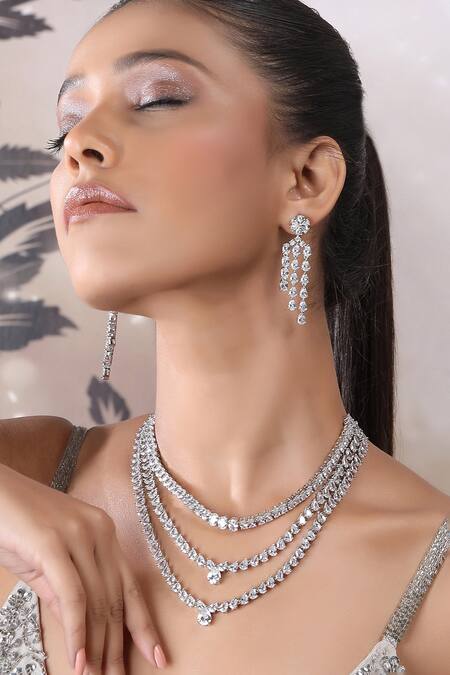 Auraa Trends_Silver Plated Fabric Flowers Faux Diamond Necklace Set _at_Aza_Fashions