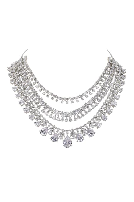 Auraa Trends_White Diamonds Silver Faux Layered Necklace Set _Online_at_Aza_Fashions