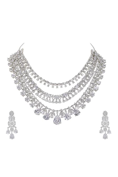 Buy_Auraa Trends_White Diamonds Silver Faux Layered Necklace Set _Online_at_Aza_Fashions