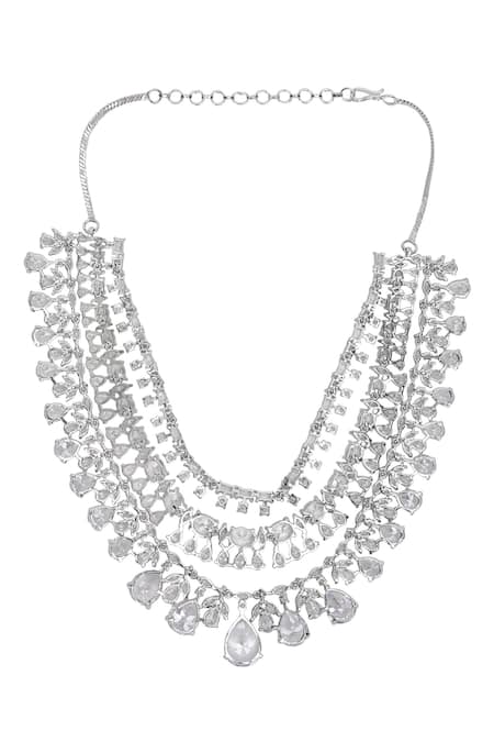 Buy_Auraa Trends_White Diamonds Silver Faux Layered Necklace Set 