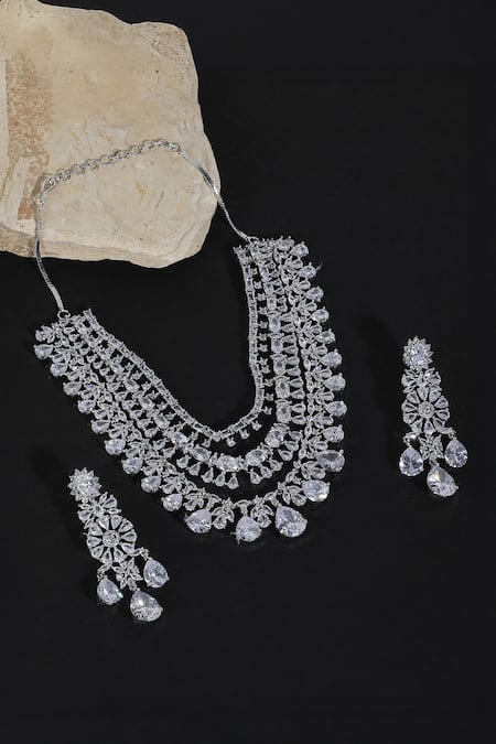 Auraa Trends Silver Faux Diamond Layered Necklace Set 