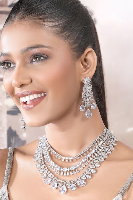 Shop_Auraa Trends_White Diamonds Silver Faux Layered Necklace Set 