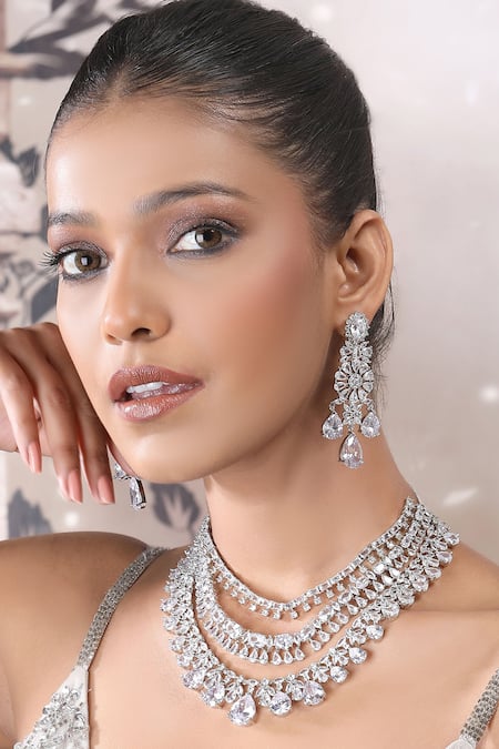 Auraa Trends Silver Faux Diamond Layered Necklace Set 