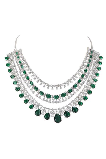 Buy_Auraa Trends_Green Fabric Flowers, Diamonds Faux And Emerald Necklace Set _Online_at_Aza_Fashions