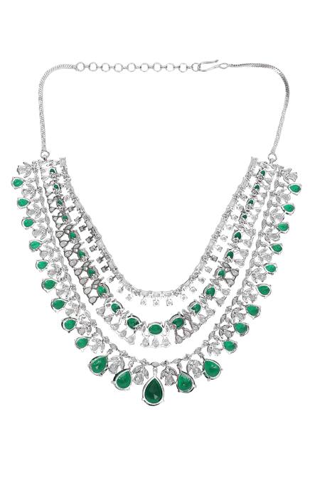 Shop_Auraa Trends_Green Fabric Flowers, Diamonds Faux And Emerald Necklace Set _Online_at_Aza_Fashions
