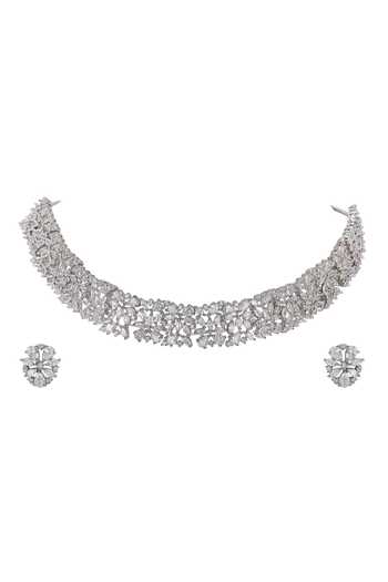 Shop_Auraa Trends_Silver Plated Imitation Diamonds Faux Necklace And Earring Set _Online_at_Aza_Fashions