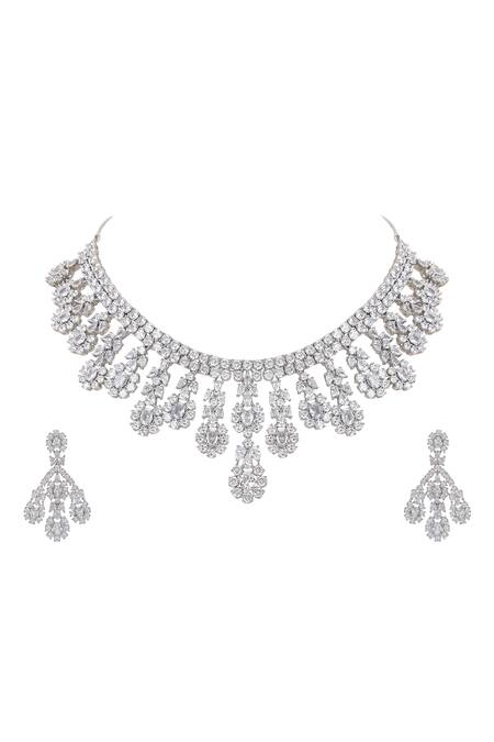 Auraa Trends White Imitation Diamonds Faux Necklace And Earring Set Online at Aza Fashions Auraa Trends_White Imitation Diamonds Faux Necklace And Earring Set _Online_at_Aza_Fashions