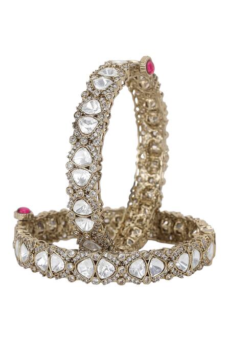 Auraa Trends_Silver Plated Zari Polki Stone And Faux Diamond Kadas Set _Online_at_Aza_Fashions