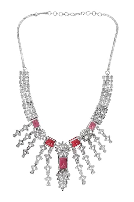 Auraa Trends_Silver Plated Rhinestones Designer Faux Diamond And Ruby Necklace Set _Online_at_Aza_Fashions