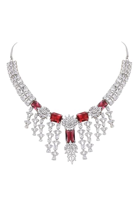 Buy_Auraa Trends_Silver Plated Rhinestones Designer Faux Diamond And Ruby Necklace Set _Online_at_Aza_Fashions