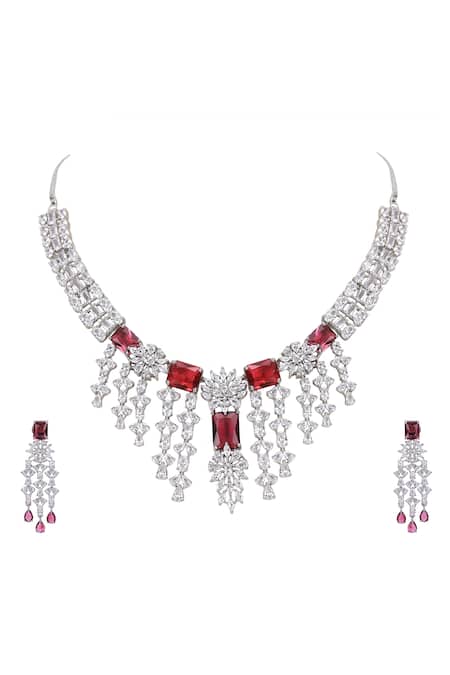 Shop_Auraa Trends_Silver Plated Rhinestones Designer Faux Diamond And Ruby Necklace Set _Online_at_Aza_Fashions