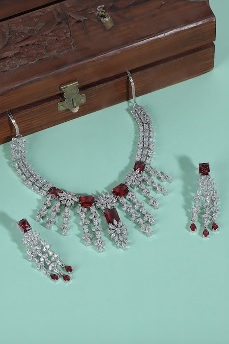 Shop_Auraa Trends_Silver Plated Rhinestones Designer Faux Diamond And Ruby Necklace Set _at_Aza_Fashions