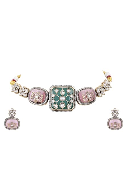 Auraa Trends_Multi Color Stones, Zari Kundan Embellished Necklace Set _Online_at_Aza_Fashions