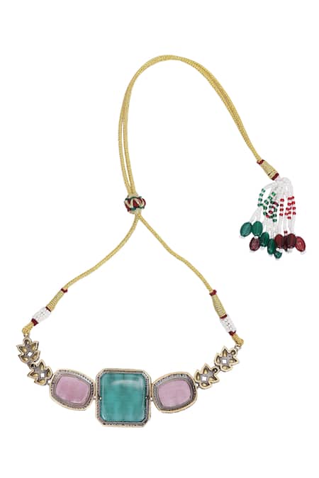 Buy_Auraa Trends_Multi Color Stones, Zari Kundan Embellished Necklace Set _Online_at_Aza_Fashions