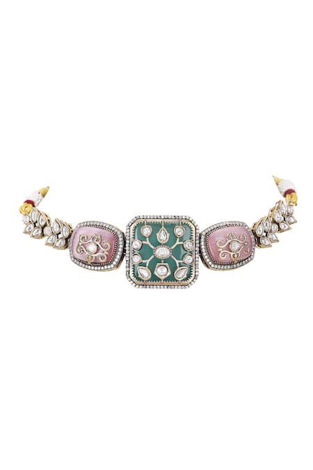 Shop_Auraa Trends_Multi Color Stones, Zari Kundan Embellished Necklace Set _Online_at_Aza_Fashions