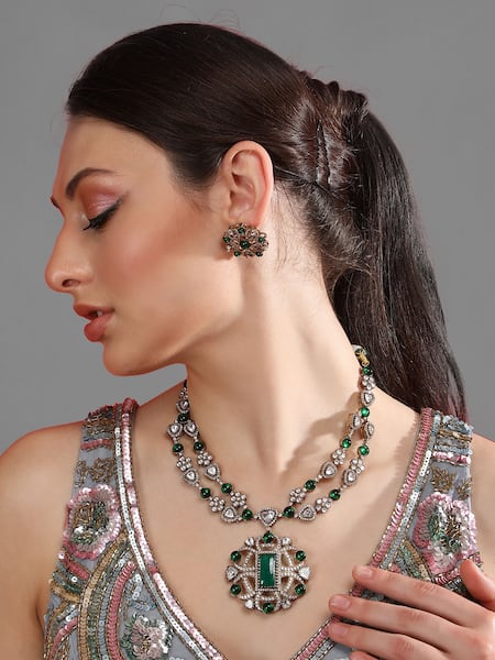 Auraa Trends Double Layered Zircon Green Stone Necklace Set 