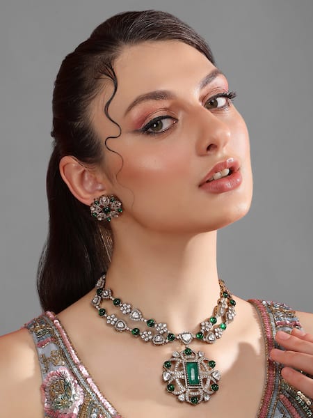 Auraa Trends Double Layered Zircon Green Stone Necklace Set 