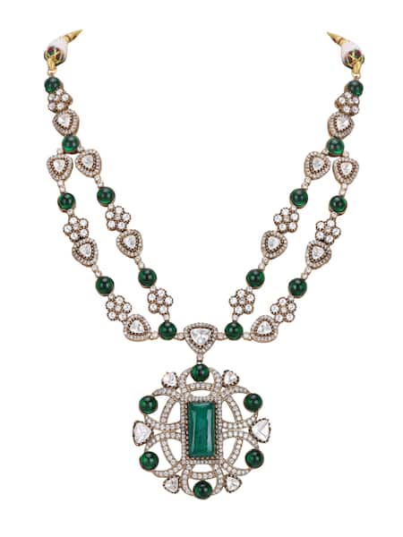 Buy_Auraa Trends_Green Stones Double Layered Zircon Necklace Set _Online_at_Aza_Fashions