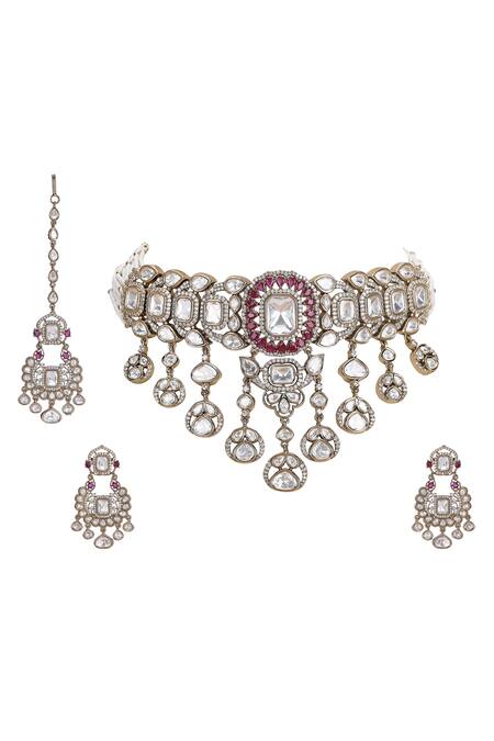 Shop Auraa Trends Red Rhinestones Polki Ruby Stone Necklace Set Online at Aza Fashions Shop_Auraa Trends_Red Rhinestones Polki Ruby Stone Necklace Set_Online_at_Aza_Fashions