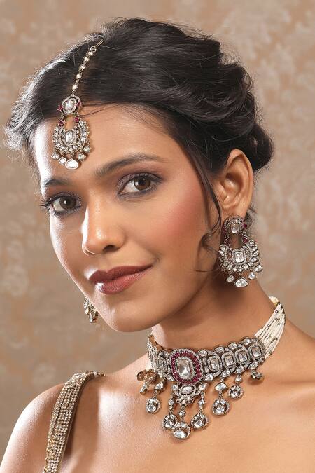 Auraa Trends_Red Rhinestones Polki Ruby Stone Necklace Set_at_Aza_Fashions