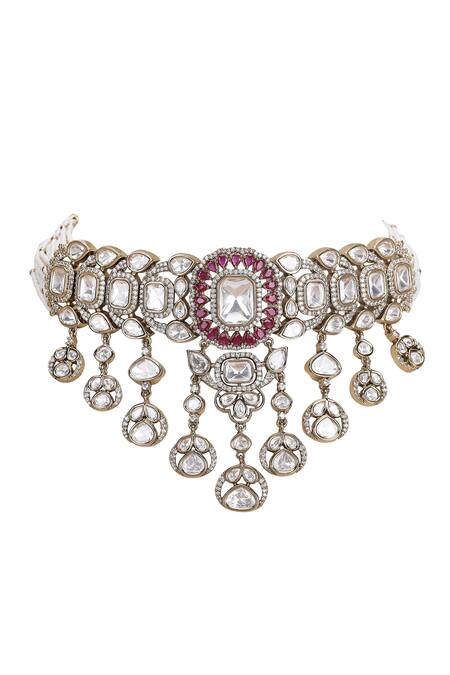 Shop Auraa Trends Red Rhinestones Polki Ruby Stone Necklace Set Shop_Auraa Trends_Red Rhinestones Polki Ruby Stone Necklace Set