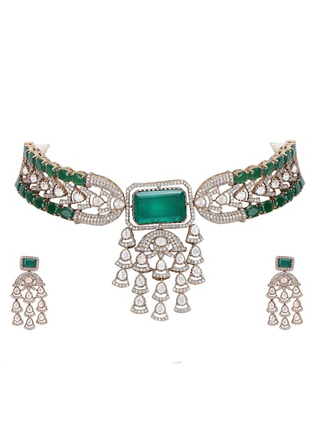 Auraa Trends_Green Beads Kundan Choker Necklace Set _Online_at_Aza_Fashions