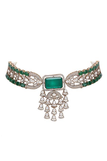 Buy_Auraa Trends_Green Beads Kundan Choker Necklace Set _Online_at_Aza_Fashions