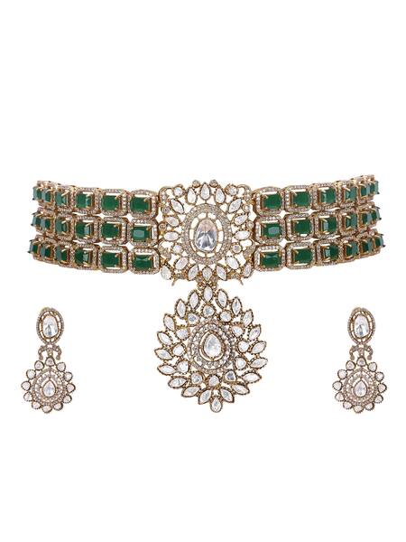 Auraa Trends_Green Stones Kundan Embellished Necklace Set_Online_at_Aza_Fashions
