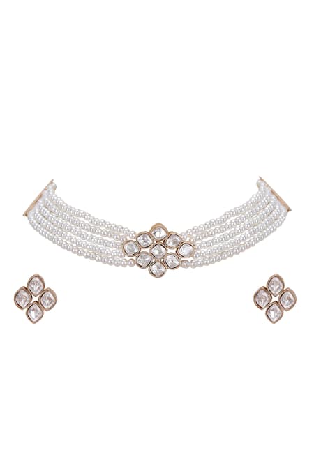 Auraa Trends White Crystals Kundan Pearl Necklace Set Online at Aza Fashions Auraa Trends_White Crystals Kundan Pearl Necklace Set _Online_at_Aza_Fashions