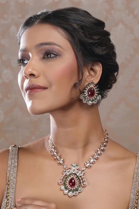 Buy_Auraa Trends_Multi Color Stones Kundan Embellished Necklace Set _Online_at_Aza_Fashions