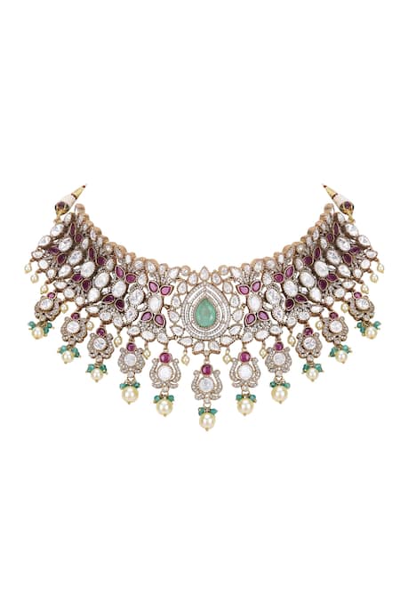 Auraa Trends_White Stones Kundan Embellished Necklace And Earring Set _at_Aza_Fashions