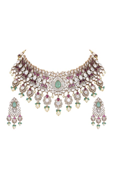 Buy_Auraa Trends_White Stones Kundan Embellished Necklace And Earring Set 