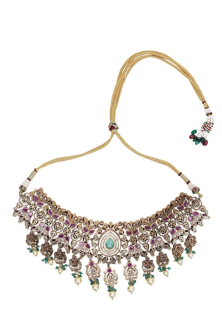 Shop_Auraa Trends_White Stones Kundan Embellished Necklace And Earring Set 