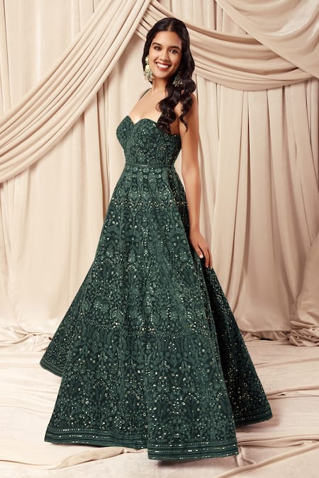 Buy_Shahmeen Husain_Green Georgette Embroidery, Sequins Sweetheart Neck Floral Chikankari Anarkali 