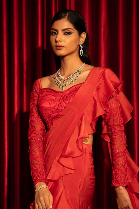Swati Wadhwani Couture_Red Net, Georgette Embroidery, Ruffles Sweetheart Detailed Pre-draped Saree Set _Online_at_Aza_Fashions