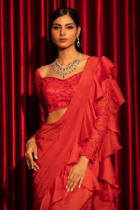 Buy_Swati Wadhwani Couture_Red Net, Georgette Embroidery, Ruffles Sweetheart Detailed Pre-draped Saree Set _Online_at_Aza_Fashions
