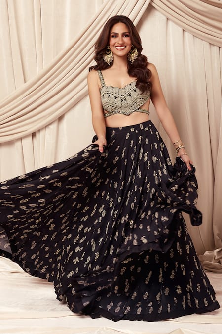 Bhumika Sharma Black Twill Organza Printed Floret Sweetheart Embroidered Blouse And Lehenga Set 