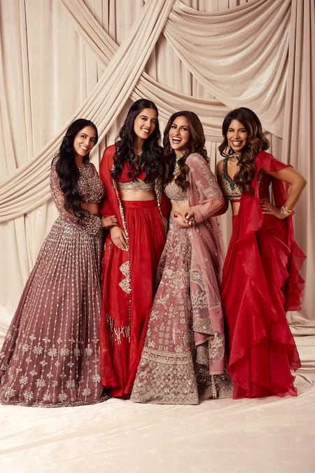 Buy_Roqa_Wine Net Cut Work, Sequins, Beads Liana Stripe Embroidered Bridal Lehenga Set 