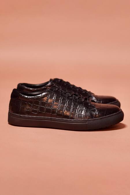 Buy_Dmodot_Black Leather, Linen Scarpo Croco Textured Sneakers _Online_at_Aza_Fashions
