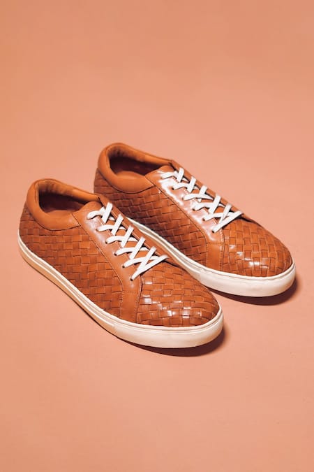 Shop_Dmodot_Brown Woven Leather Sneakers _at_Aza_Fashions