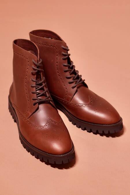 Shop_Dmodot_Brown Textured Leather Brogue Boots _Online_at_Aza_Fashions