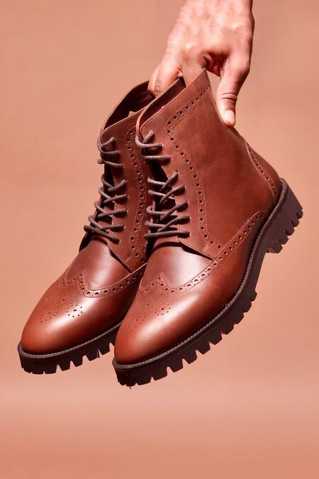 Dmodot_Brown Textured Leather Brogue Boots _at_Aza_Fashions