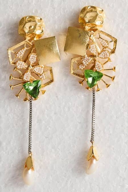Shop Hetal Shah Gold Plated Pearls, Stones Floral Carved Drop Earrings at Aza Fashions Shop_Hetal Shah_Gold Plated Pearls, Stones Floral Carved Drop Earrings _at_Aza_Fashions