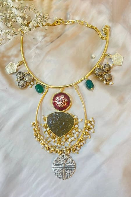 Shop Hetal Shah Gold Plated Stone Embellished Halsi Necklace at Aza Fashions Shop_Hetal Shah_Gold Plated Stone Embellished Halsi Necklace _at_Aza_Fashions