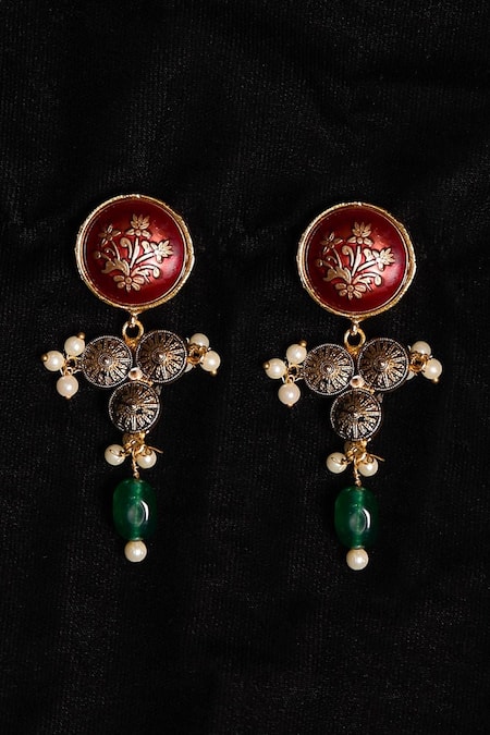 Shop Hetal Shah Red Stones Antique Floral Hasdi Earrings at Aza Fashions Shop_Hetal Shah_Red Stones Antique Floral Hasdi Earrings _at_Aza_Fashions